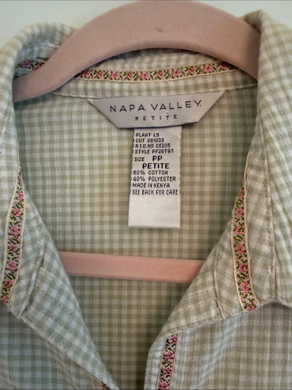 Napa Valley Women’s Sage Green Gingham Button-Down Shirt